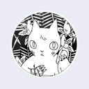 Circle sticker with a portrait of a cartoon cat, its paw covered in a dirty bandage, it gestures toward a bottle it raises towards an onlooker.