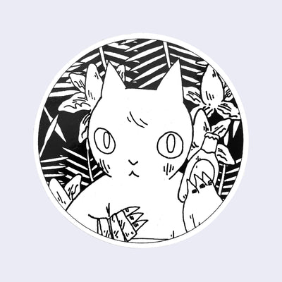 Circle sticker with a portrait of a cartoon cat, its paw covered in a dirty bandage, it gestures toward a bottle it raises towards an onlooker.