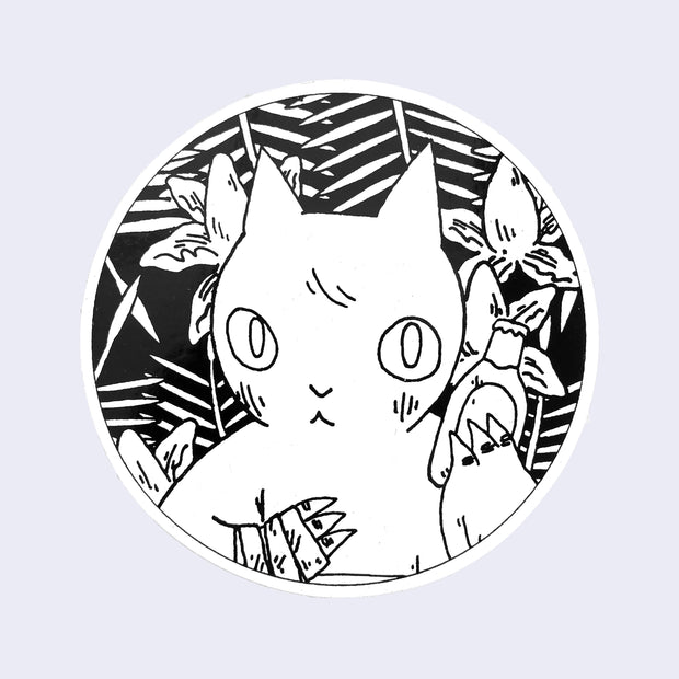 Circle sticker with a portrait of a cartoon cat, its paw covered in a dirty bandage, it gestures toward a bottle it raises towards an onlooker.