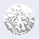 White circle sticker with black line illustration of a tall cat, walking through many cacti and carrying a small house with a smoking chimney under its arm.