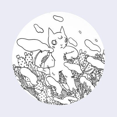 White circle sticker with black line illustration of a tall cat, walking through many cacti and carrying a small house with a smoking chimney under its arm.