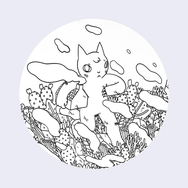 White circle sticker with black line illustration of a tall cat, walking through many cacti and carrying a small house with a smoking chimney under its arm.