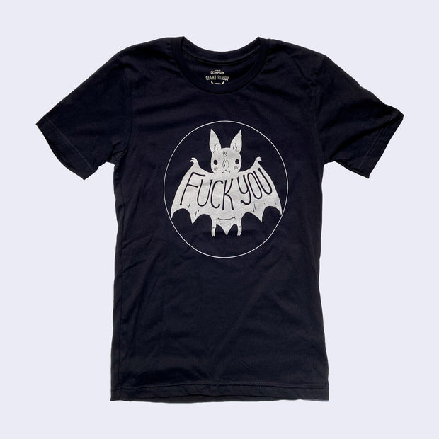 Front view of black t-shirt. On the center chest area is a drawing of a cute gray bat. Large text on its wings says fuck you.