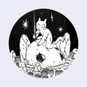 Black circle sticker with a drawing of a cartoon cat climbing a big demon skull. It holds a sword in one hand.