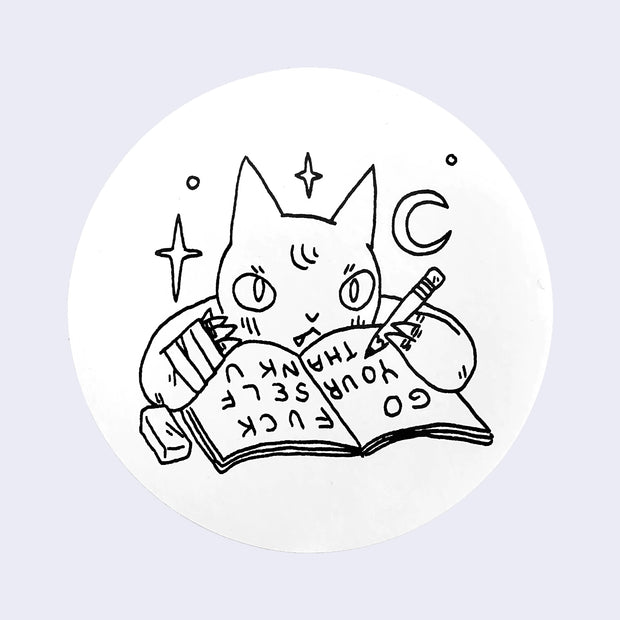 White circle sticker with a drawing of a cartoon cat leaning over a book and writing a message. The text says go fuck yourself.