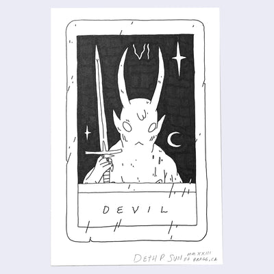 Ink drawing of a mock tarot card, titled "Devil" which features a pointy horned devil holding a long sword.