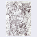 Elaborate ink drawing of a woman smiling and laying on a bed, reading a book. Floating up from her head is a daydream of herself in a fancy ball gown, with many paparazzi photographing her.