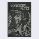 "Dimensional Flats" cover, silver ink on black paper featuring an illustration of a gas mask wearing alien in a wildly patterned environment. 
