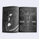 Open two page zine spread of alien figures in an alternate, wildly patterned dimension.