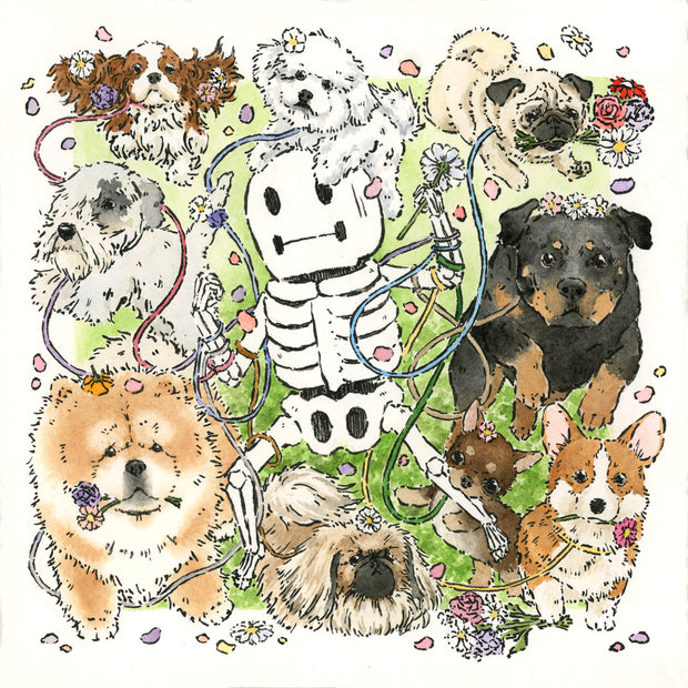 Ink and watercolor painting of a skeleton, with many colorful leashes wrapped all around their arms. Various dogs of different sizes and breeds are all around the skeleton, holding flowers in their mouth.