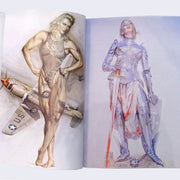 Open book spread of two illustrations by Sorayama. Left page is a muscular woman in a one piece bikini, with a U.S. military plane flying behind. Right is a woman in a full suit of armor, posing with a shield and bloody sword.
