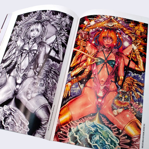 Open book spread of two of the same illustrations by Rockin' Jelly Bean, one in black and white and the other full color. A woman in an intricate bikini stands with her legs open, beaming a planet out from under her.