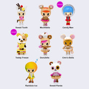 8 differently designed vinyl figures, all cartoon style characters with outfits and accessories that maintain a dessert and bakery thematic. To read all options, refer to product description.