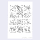 Ink drawing of a 3 x 4 grid of doodles on white paper with varying subjects. Doodles include skulls, ghosts, cats with objects and a crab holding a knife.