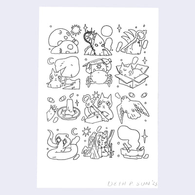 Ink drawing of a 3 x 4 grid of doodles on white paper with varying subjects. Doodles include skulls, ghosts, cats with objects and a crab holding a knife.