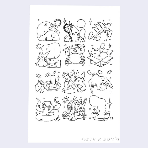 Ink drawing of a 3 x 4 grid of doodles on white paper with varying subjects. Doodles include skulls, ghosts, cats with objects and a crab holding a knife.