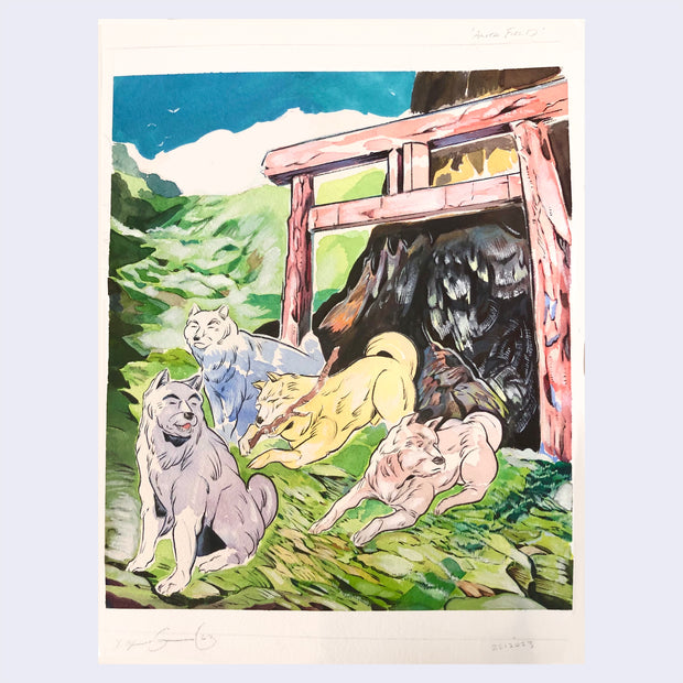 Ink drawing with watercoloring of 3 large dogs, sitting in a green landscape with a large red Torii behind them.