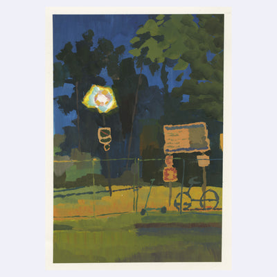 Plein air painting of a night scene illuminated by street lighting. A park is fenced in with various signage, a bike and a scooter nearby.