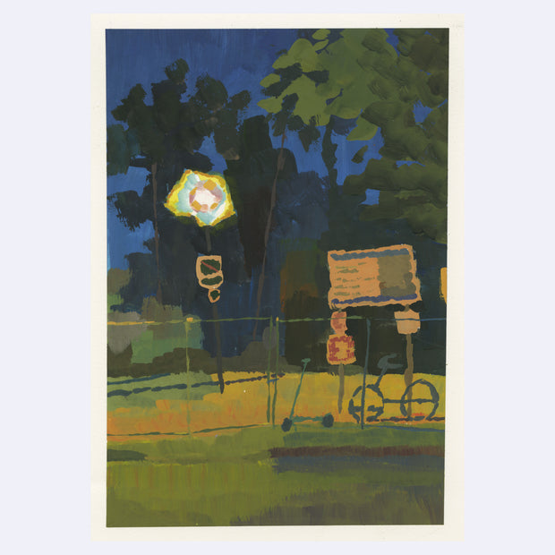 Plein air painting of a night scene illuminated by street lighting. A park is fenced in with various signage, a bike and a scooter nearby.