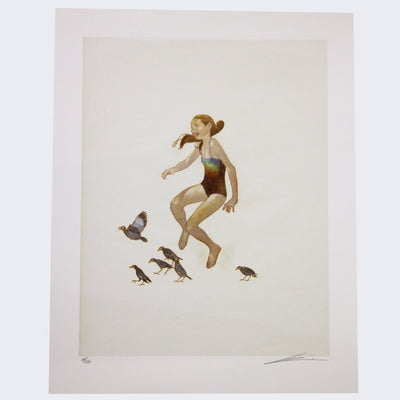 Print on white paper of a woman in a one piece bathing suit, laughing and slightly hovering over the ground, as if nearly landing from a jump. Birds stand around her facing to the west.