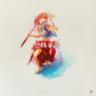 Illustration of a woman wearing a traditional Hawaiian dancing outfit, holding a staff with flowers on top. She is dancing and her body positions blur together, showing the movement.