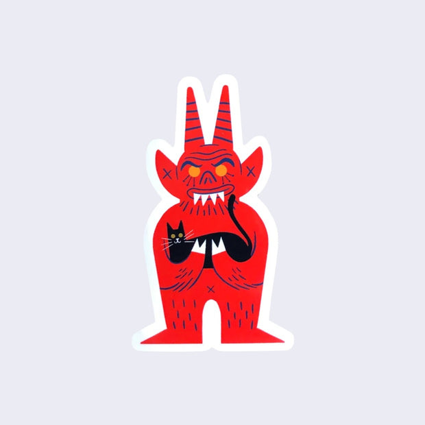 Die cut sticker of a red stylized cartoon devil, with very pointed ears and many toothed smile. It holds a black cat in its arms.