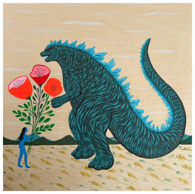 Painting of a large teal Godzilla with swirled light teal and black accents, with one arm extended towards a large bouquet of 3 red poppies being held by a blue woman. They stand in an open grass field with a mountain range behind them, most of the wood panel is exposed.