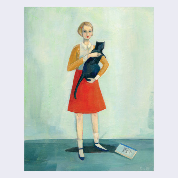 Illustration of a women in a white button up, yellow cardigan, and red skirt. She holds a black cat that looks away. There is a small book on the ground.