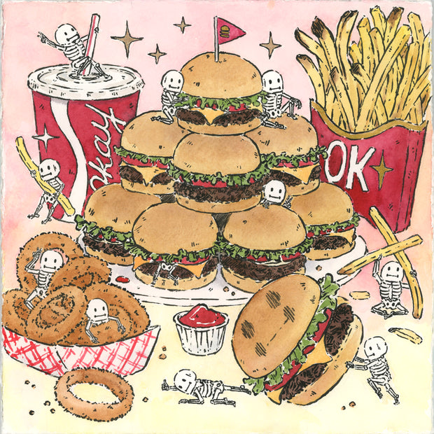 Cartoon style illustration of a pile of slider hamburgers on a plate. Nearby is a large soda cup that says "okay" on the side and a large container of fries that reads "ok" on the front. In the foreground is a large paper container of onion rings. Small white skeletons interact with the scene comically.