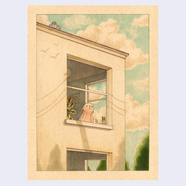Illustration on brown toned paper. A semi anthropomorphic character sits with its head in its hands, looking out a large window of a building. Shadows of telephone wires are cast over the building. A cartoon pigeon with a drink sits atop the building.