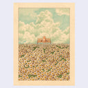 An illustration on toned brown paper. A semi anthropomorphic character sits on a bench with a brown sack and a takeout coffee cup. In front of them is a large field of daisies, with small faces.