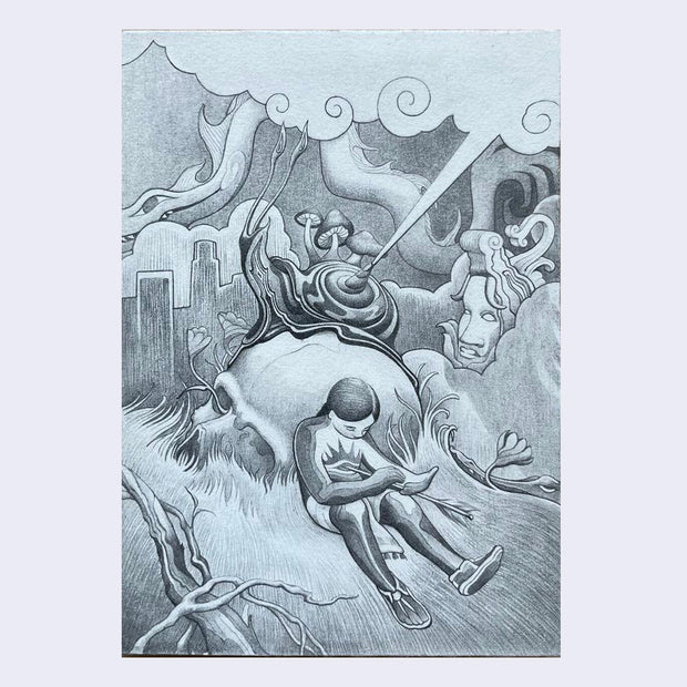 Finely rendered surrealist illustration on blue toned paper of a figure sitting on a grassy hill, with its back against a large skull. Atop the skull is a snail with mushrooms on its back, exuding smoke clouds from the center of its shell.