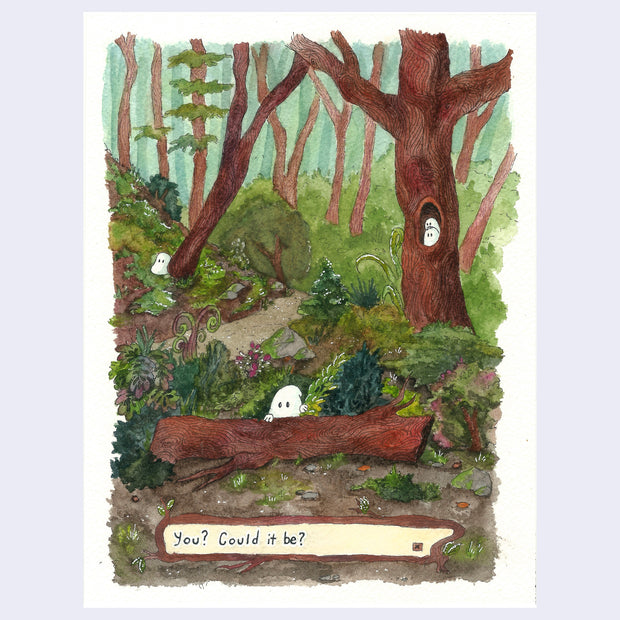 Watercolor of lush forest setting, with many curvy trees. A fallen tree trunk sits in the foreground with a small white ghost hiding behind and 3 more small ghosts hidden in trees around. A classic RPG text box is at the bottom with "You? Could it be?" written within.