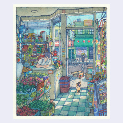 Finely detailed ink and watercolor drawing of a shop clerk, sitting behind the counter of a grocery store and looking at a calico cat that walks in. The store is more like a small business, with wires running around, a fan, tiled floors and other small shops across the way.