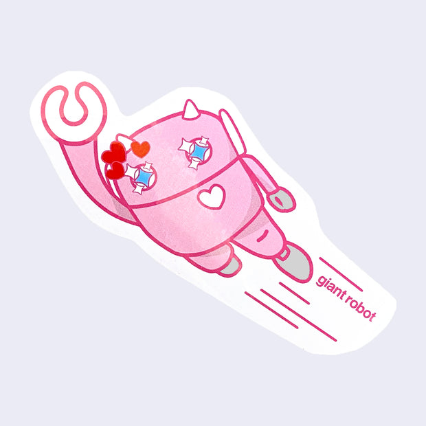 White cut out sticker with pink Chibi Big Boss Robot, flying through the air with lines of movement near the feet. "Giant Robot" is written in small pink font near the feet.