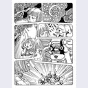 Page example, black and white comic book style illustration of a woman in a sci fi landscape, looking at a dog whose head has split open.