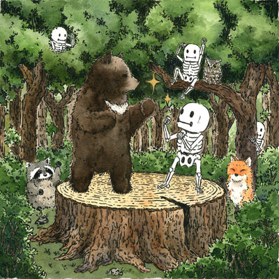 Watercolor illustration of dense forest scene with a very large stump in a clearing. Atop the stump is a brown bear with fists up facing a cartoon skeleton, also with its fists up. A raccoon, fox, owl and other skeletons sit in the forest watching.
