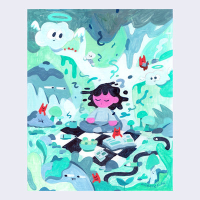 Painting with lots of sea foam green and gray blue coloring. A pink skinned person sits in a clearing with their eyes closed and legs crossed on a checkered picnic blanket with food and books. They are surrounded by foliage with faces and little red devils sit around the scene.