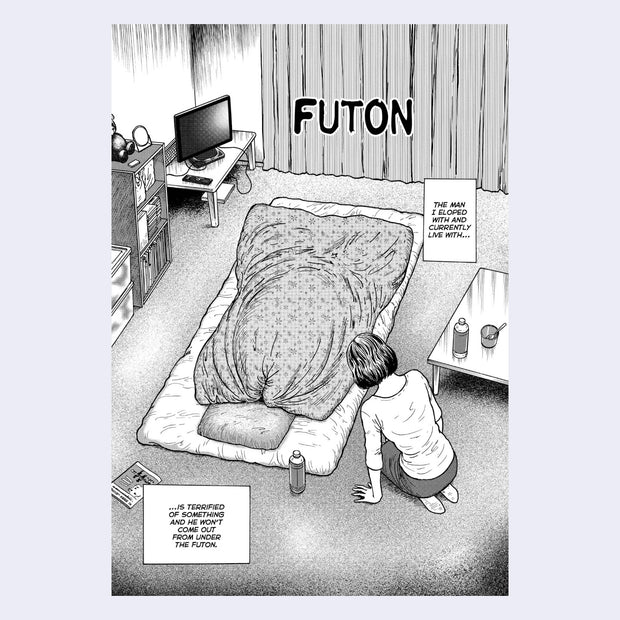 Page excerpt, featuring a greyscale illustration of a futon in the middle of a room with a person under the covers and someone kneeling beside them.