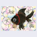 Watercolor painting of a large black beta fish, with a red rope and golden bell tied around its neck. It is surrounded by rainbow colored bubbles with small skeletons floating within them, doing humorous poses.