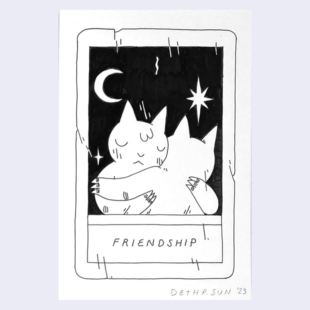 Black and white drawing of a tarot card, "Friendship." Above is a drawing of two cats embracing.