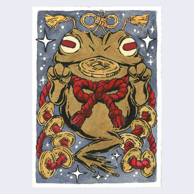 Watercolor painting of a large golden one legged frog, holding a gold coin in its mouth and with a thick red rope with gold coins tied around its neck. It holds both of its hands up to its side with closed fists.