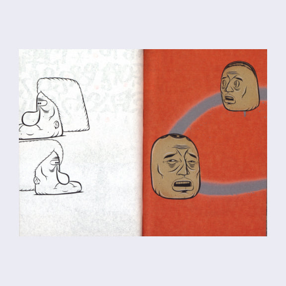 Open spread of two pages, displaying an illustration of two cartoon frowning faces on white paper and an illustration of two dismayed tan faces on red paper.