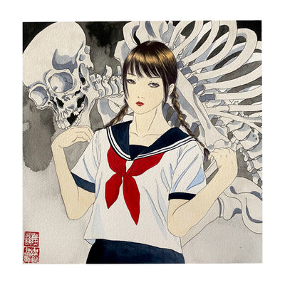 Illustration of a woman wearing a sailor collared blouse with braids. A large skeleton looms in the background behind her.
