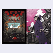 Open two page book spread. Left page features anime style illustration of a man sitting in an empty, torn up pagoda room with red lanterns hanging above. Right page is illustration of a sly looking character in a purple robe in front of a series of gray buildings.