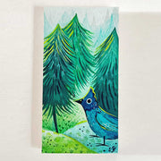 Painting of a cartoon blue bird standing on round hill hounds with large pine trees behind. Painting is primarily made of blues and greens with yellow highlights.