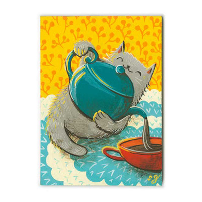 Painting of a smiling grey kitty, holding a large teal colored tea pot and pouring it out into a red saucer style mug. It sits on a blue and white carpet against yellow floral  wallpaper.