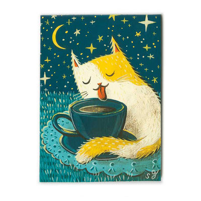 Painting of a white and yellow cat curled around a teal colored cup of tea, with its tongue out like it's mid drink and its eyes closed. It sits on a teal colored doily in grass against a night sky with many stars and a crescent moon. 