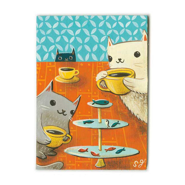 Painting of 3 cats, convening at a warm toned wooden table, each with their own yellow mug of dark tea.  In the center of the table is a 3 tier platter with small fish on it.
