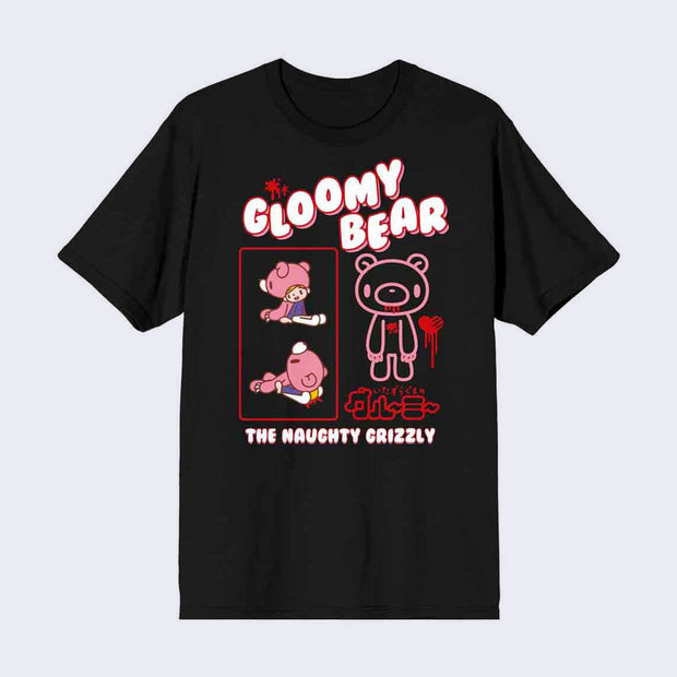 Front of black t-shirt with text that says Gloomy Bear the naughty grizzly. There is an image of a pink bear who crushes a person sitting nearby.